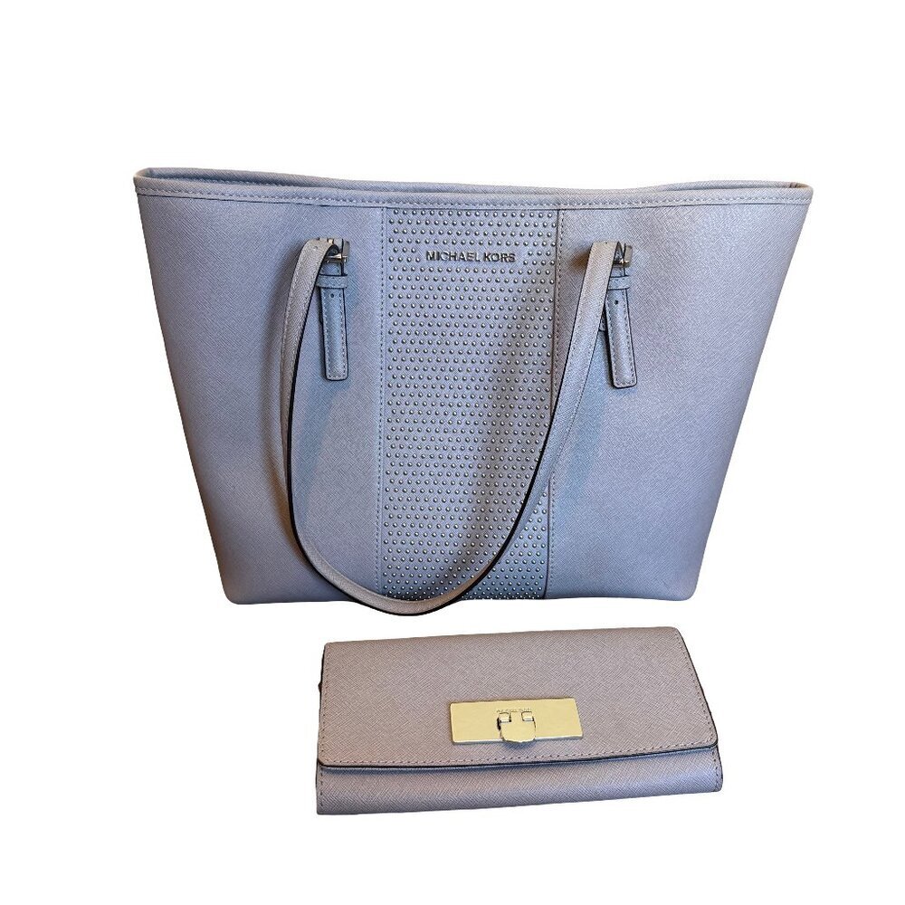 Michael Kors Jet Set Lg Tote Shoulder Bag Purse Micro-Stud Pearl Grey + Wallet